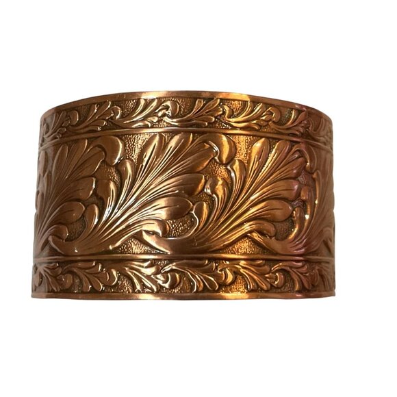 Wide Copper Cuff Bracelet With Ornate Leaf Design 2.5"D - Picture 1 of 3